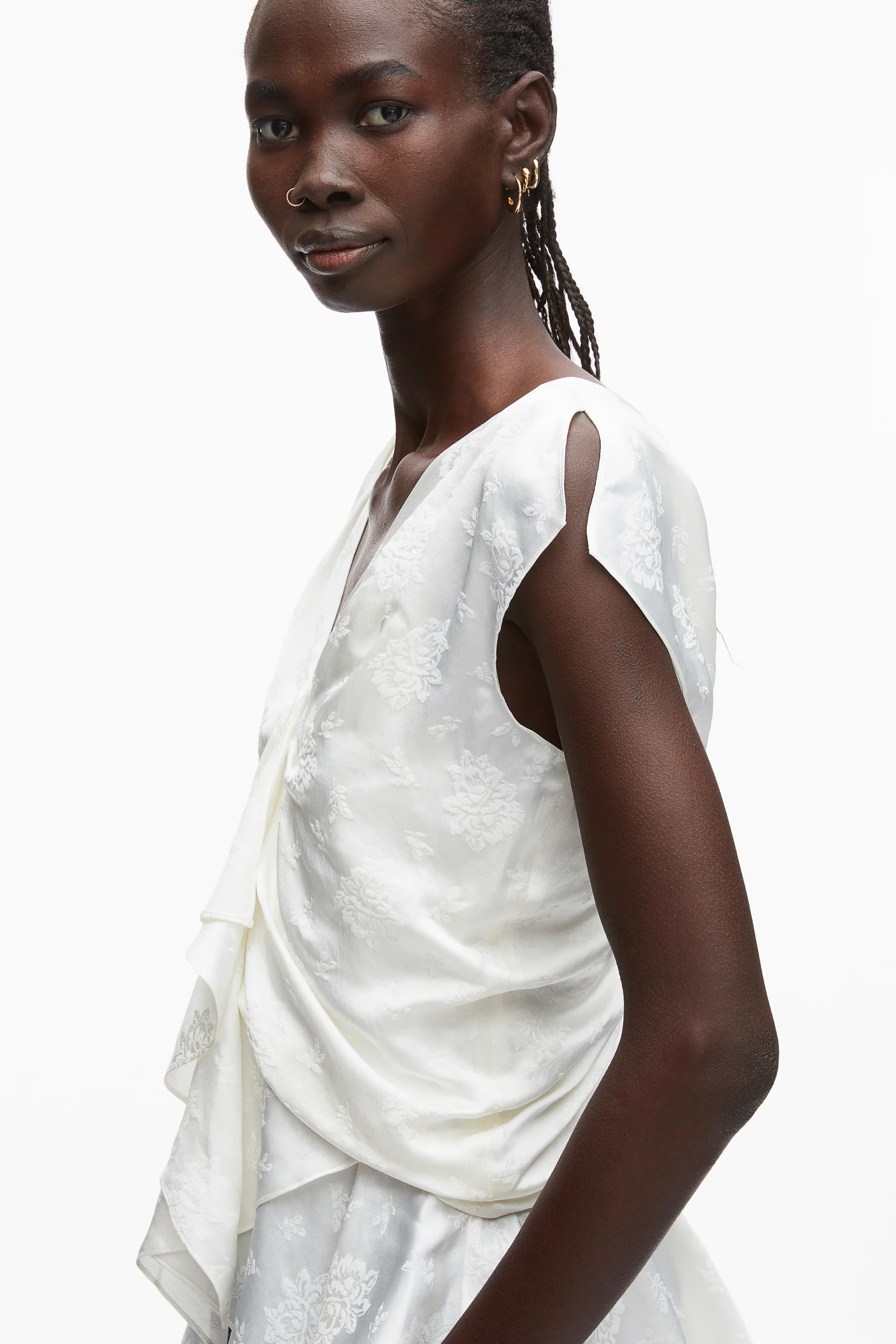 Floral Jacquard Draped Handkerchief Top - Image 7