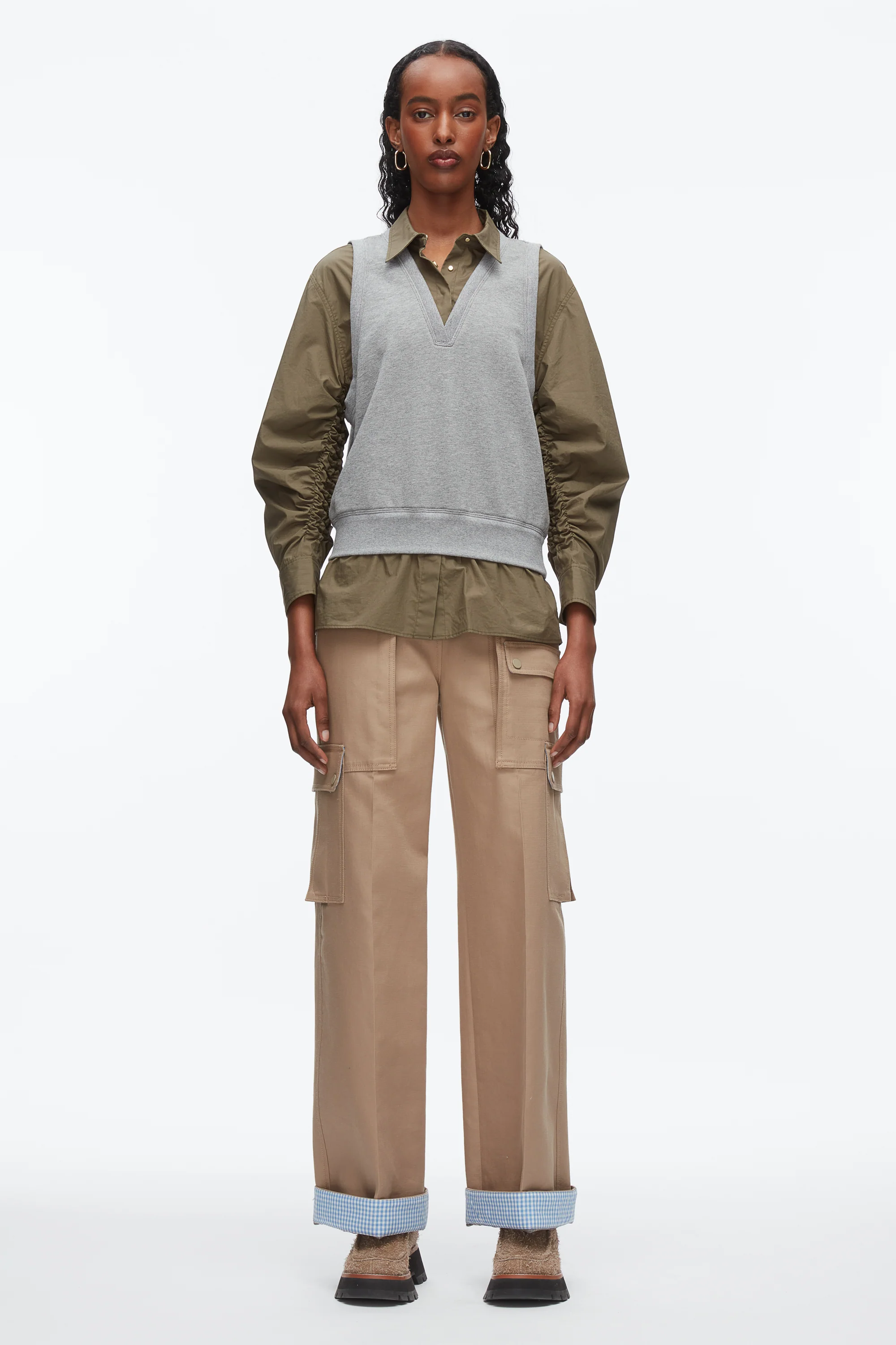 Layered Vest Ruched Sleeve Shirt - Image 2
