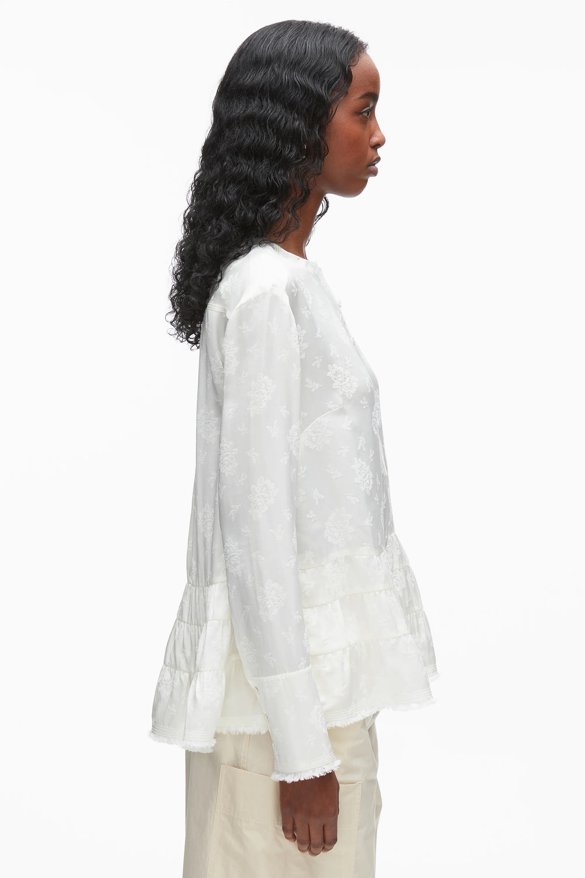 Floral Jacquard Fray Hem Blouse - Image 4