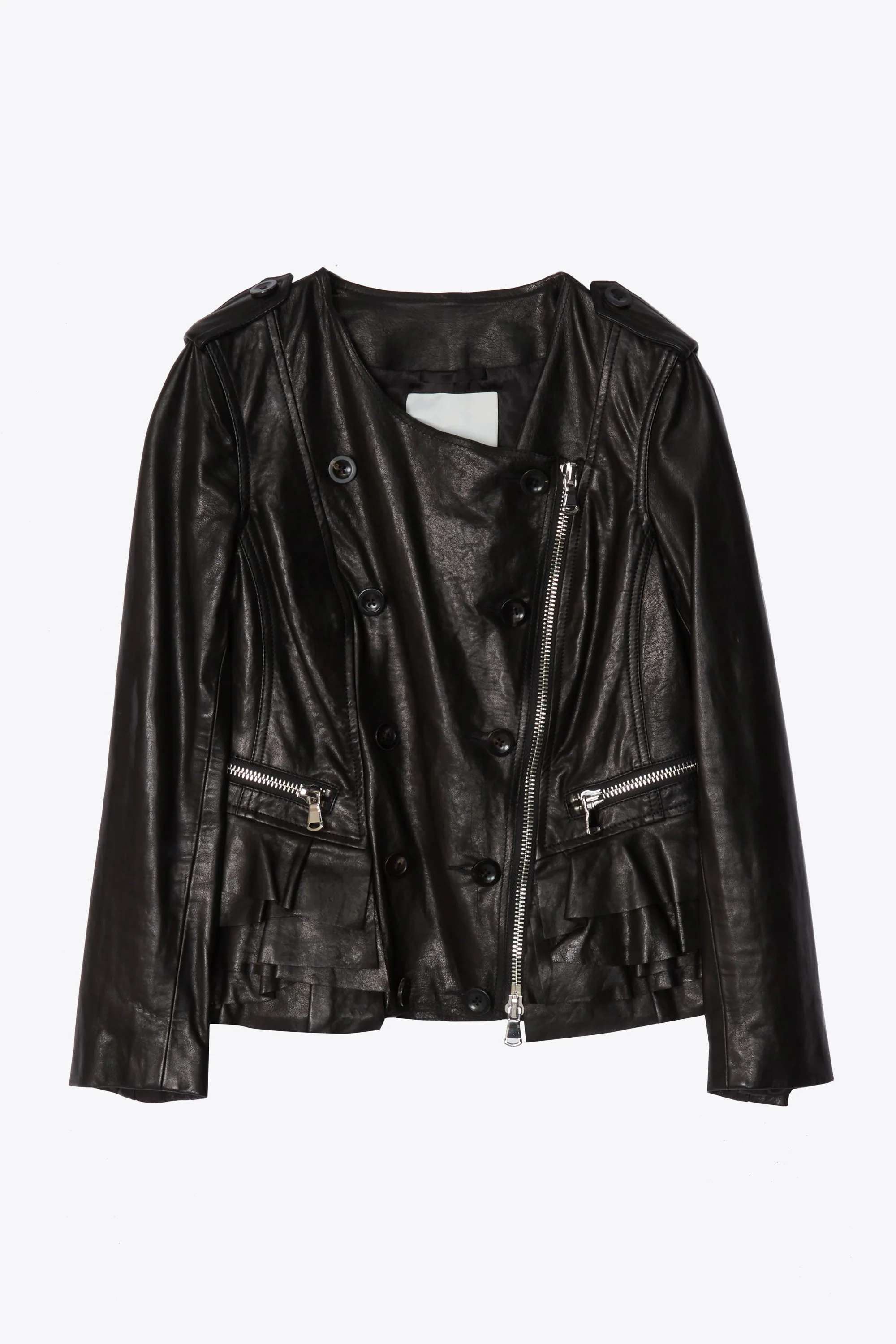 Motorcycle Leather Jacket With Tiered Ruffle Hem