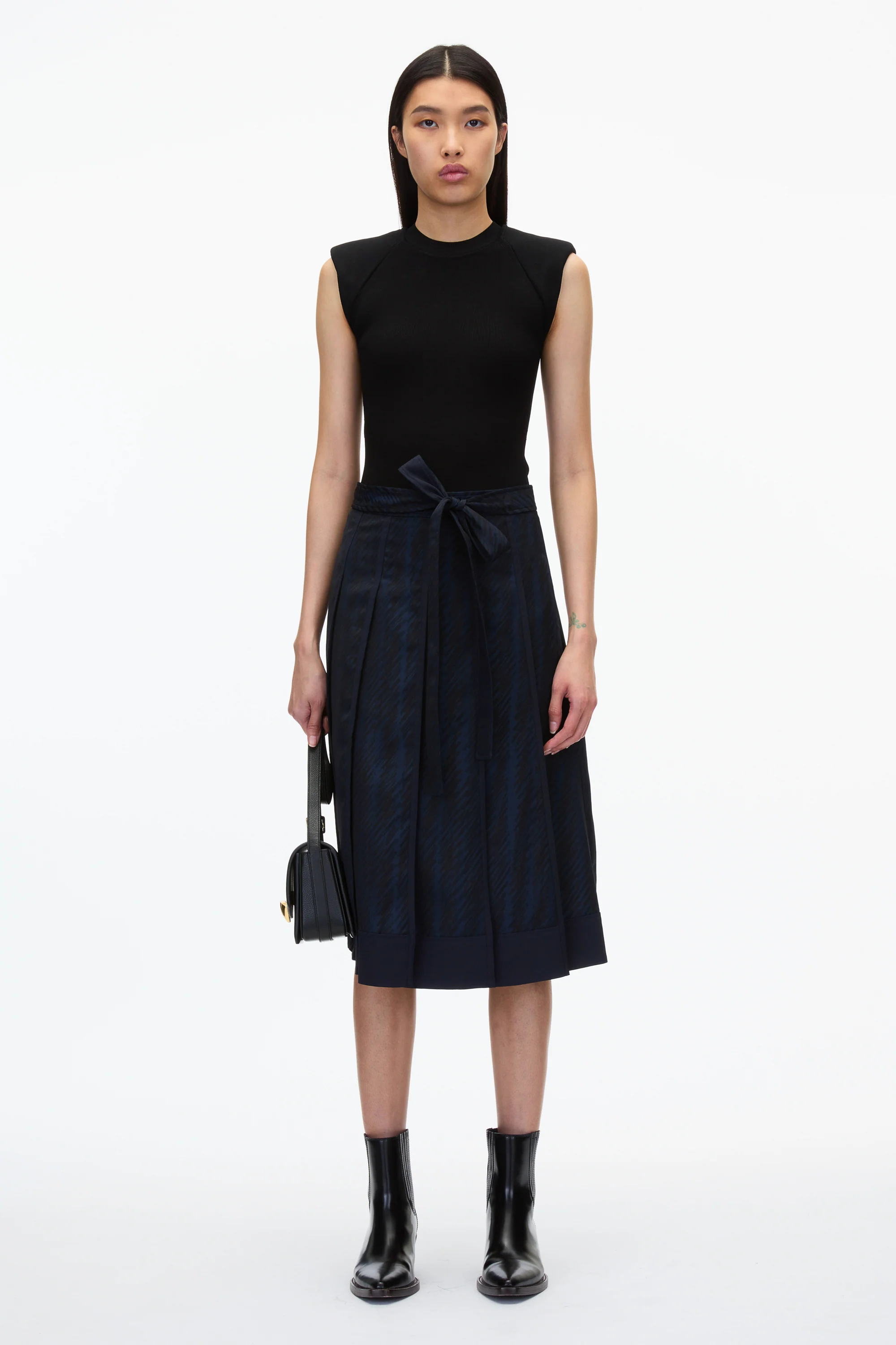 Jacquard Pleated Skirt with Tie Waist