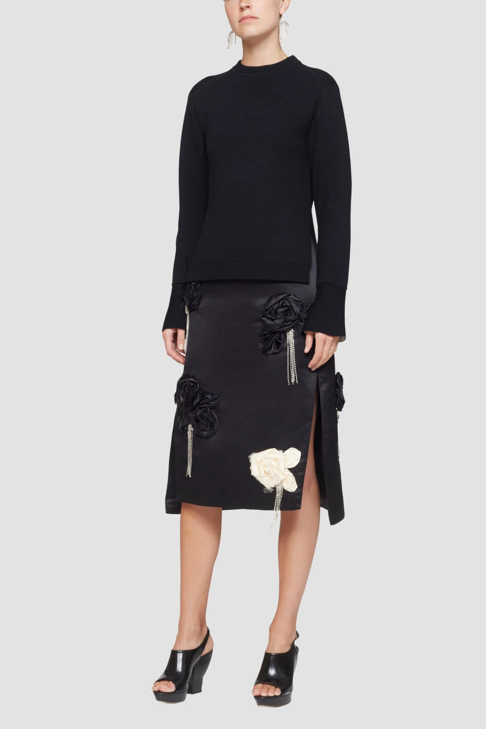 Satin Skirt W Floral Emb