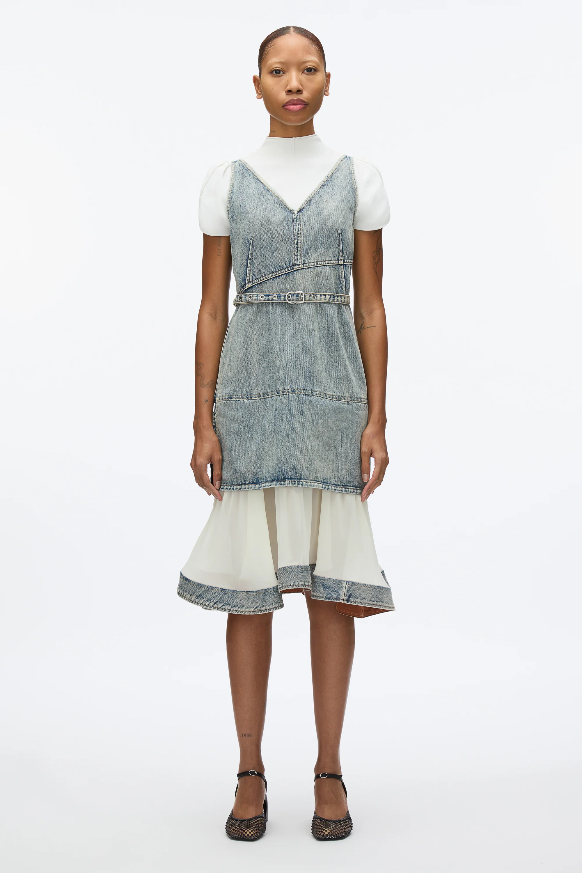 Denim V-Neck Dress with Chiffon Hem
