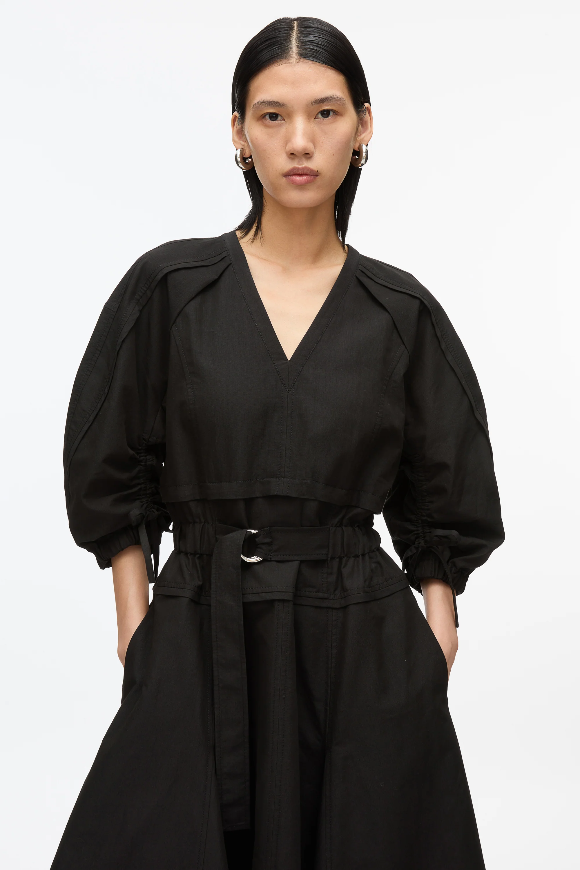 Cinched V-Neck Dress with Gathered Sleeves - Image 9